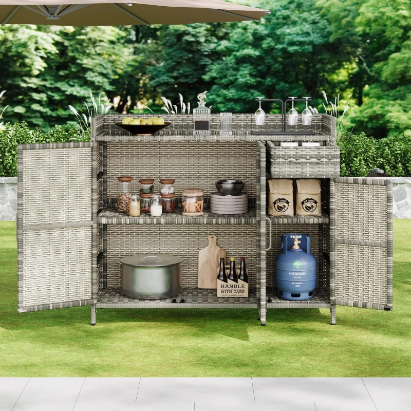 Wicker Outdoor Storage Cabinet with 3 Doors and a Drawer, Weatherproof Bar Table for Patio or Garden, 47.5'' L x 16'' W x 39.5'' H, Grey