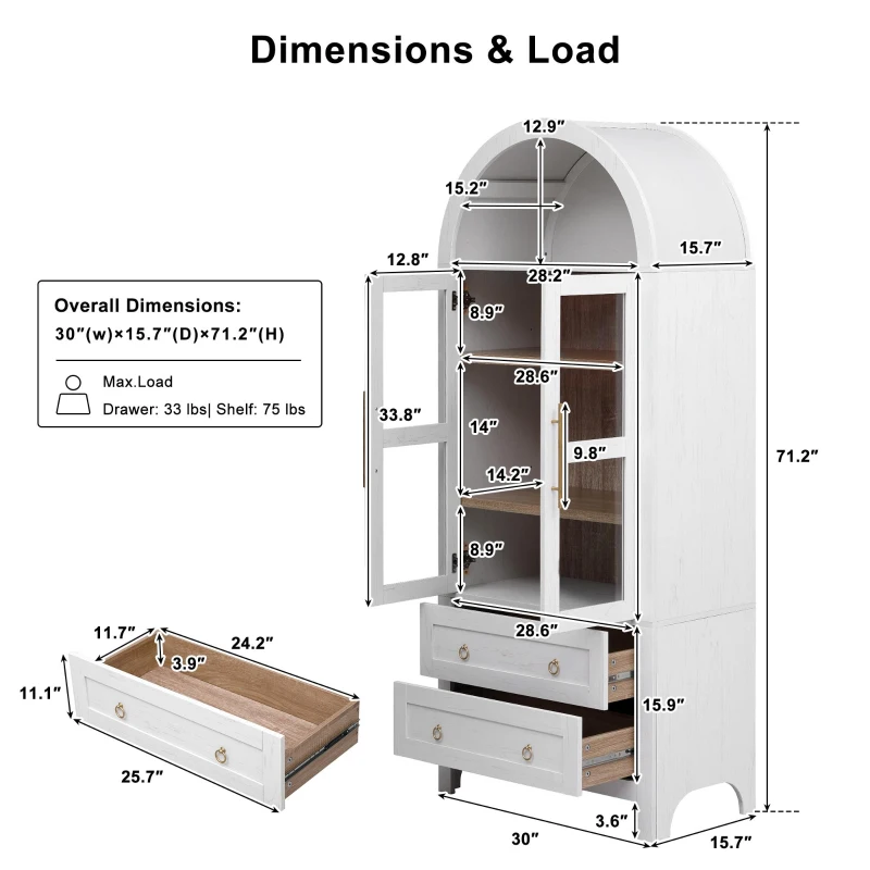 Arched Kitchen Pantry Cabinet with 2 Large Drawers, Stylish Storage Cabinet with Adjustable Shelves, 30'' L x 15.5'' W x 71'' H, White