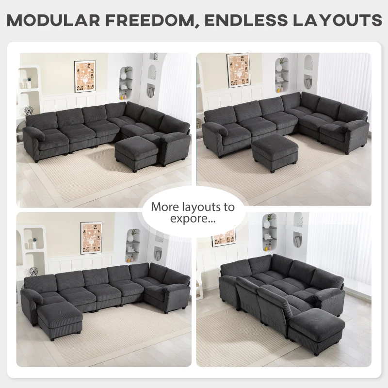 HOMCOM Modular Sectional Sofa, Oversized U-Shaped Couch with Spring Cushion, Corduroy Sofa for Living Room, Charcoal Grey