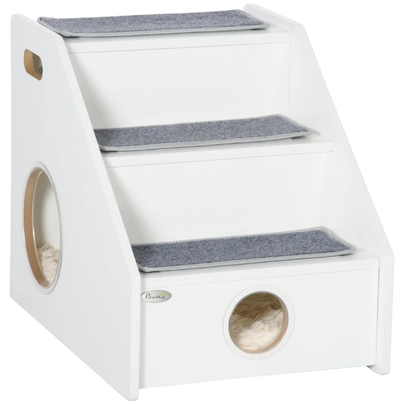 PawHut Pet Stairs for Miniature Dogs Hidden House, Cat Steps for Couch High Bed Sofa, Portable Puppy Stairs for Climbing with Handles, Non-Slip Carpet, Side Holes for Entry, White