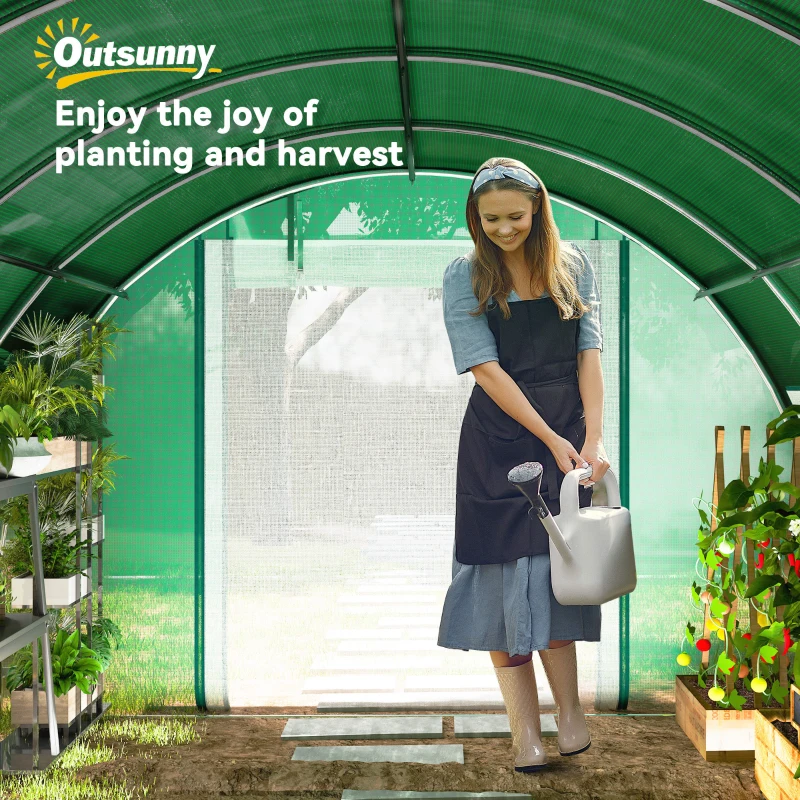Outsunny Walk-in Tunnel Greenhouse, Plant Hot House with Sunshade Net, Roll-up Mesh Sidewalls, 2 Doors, 10' x 13' x 6.5' , Green