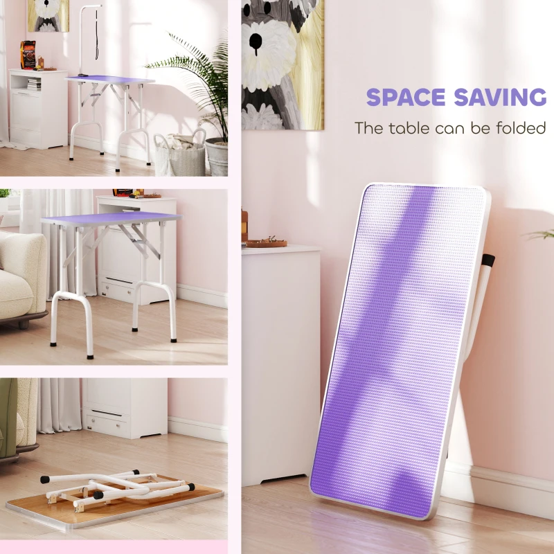 PawHut Foldable Pet Grooming Table for Dogs Cats with Adjustable Arm, Non-slip Surface, Purple