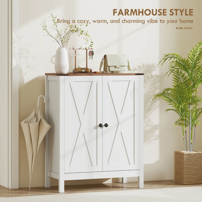 HOMCOM Shoe Cabinet with Barn Doors, Farmhouse Shoe Storage Cabinet with Adjustable Shelves, Holds up to 15 Pairs, White