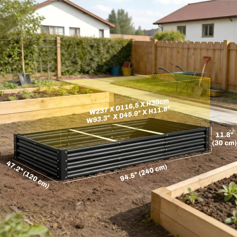 Outsunny 8 x 4 x 1ft Galvanized Raised Garden Bed, Reinforced Outdoor Planter Box with Open Bottom, Black