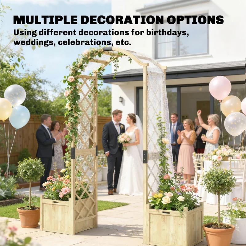 Outsunny Wooden Garden Arch with 2 Planter Boxes, Arch Trellis for Climbing Plants, Decorative Arbor Archway, Natural Wood