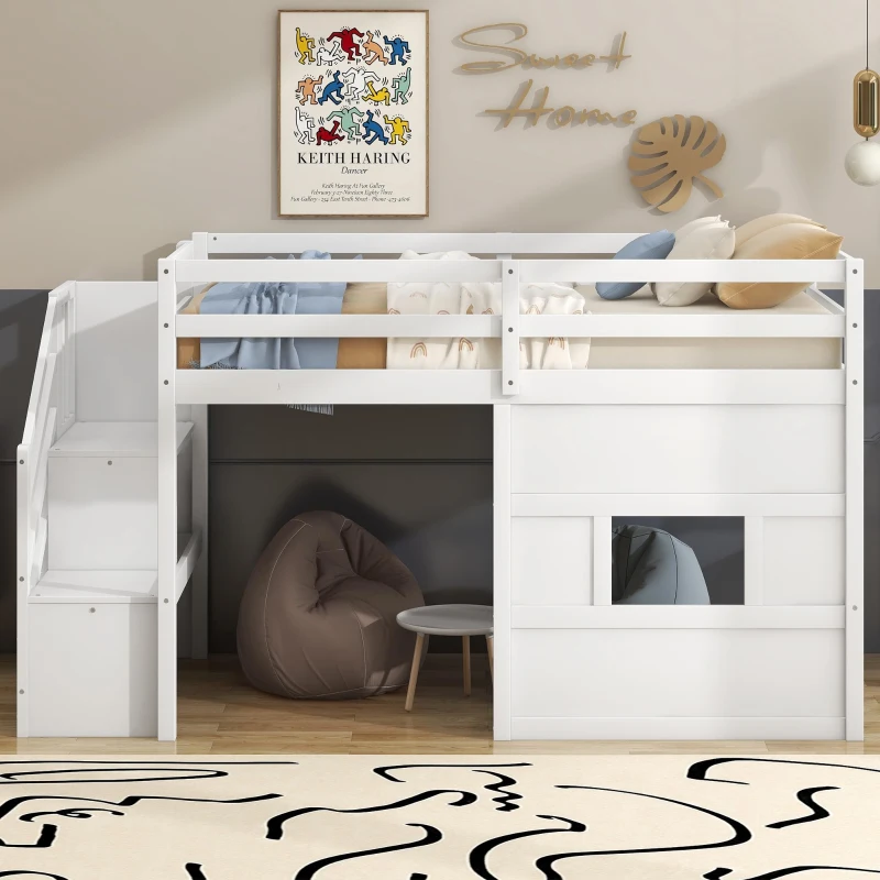 Stylish Twin Loft Bed with Storage Staircase and Window, Sturdy Bunk Bed with Full-Length Guardrails, 95" L x 41.5" W x 50" H, White