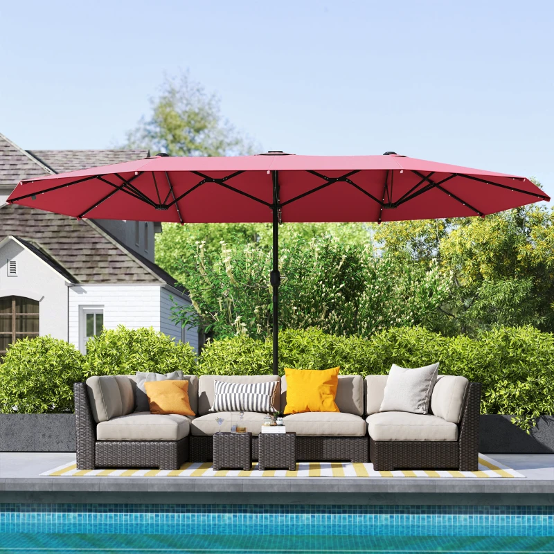 Outsunny 173.2" Double-Sided Sun Umbrella Garden Parasol Patio Sun Shade Outdoor with LED Solar Light, No Base Included, Wine Red