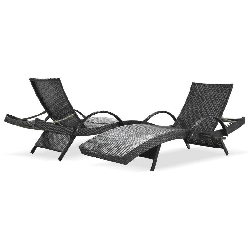 Set of 2 Outdoor Lounge Chairs with Pull‑Out Side Table, Ergonomic Recliners with 5‑Level Adjustable Backrest, 80'' L x 27'' W x 36'' H, Black