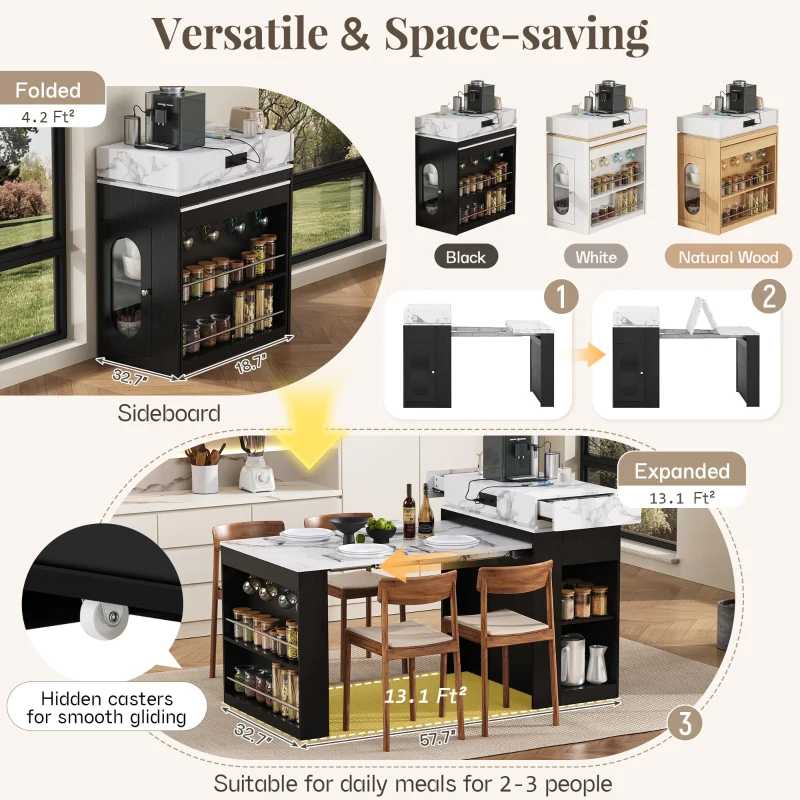 Extendable Dining Table with Folding Tabletop, Multi-Functional Kitchen Island with Drawers, 57.5" L x 32.5" W x 38" H, Black+White Marble