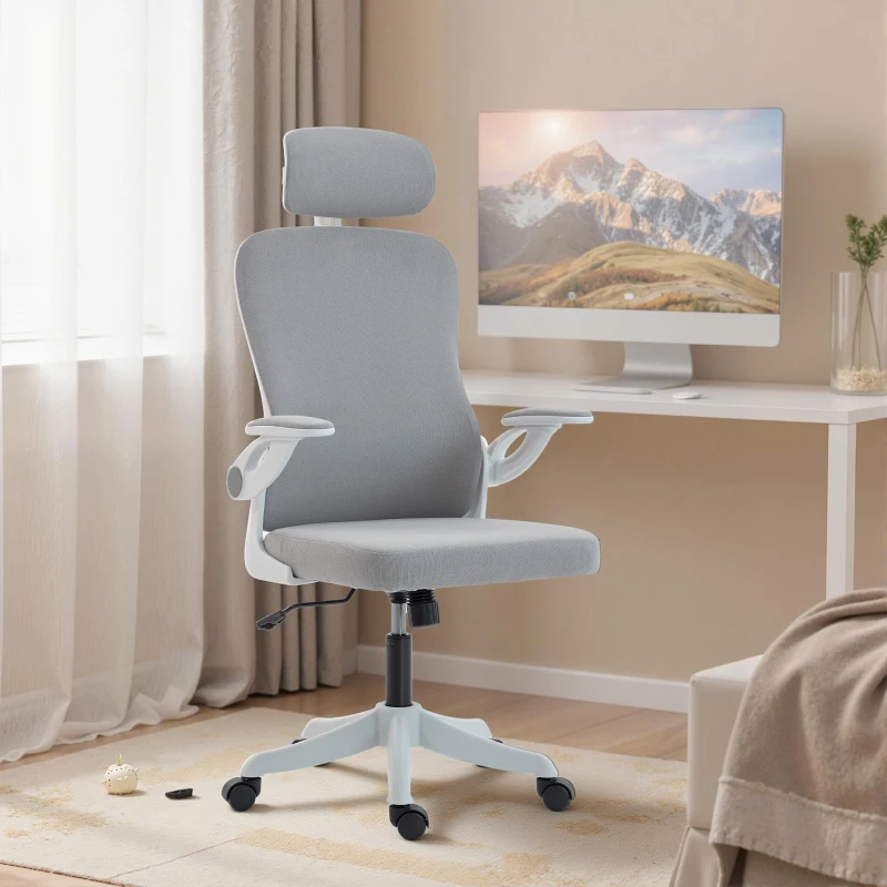 HOMCOM Ergonomic Office Chair, Swivel Desk Chair with Adjustable Lumbar Support, Headrest and Height, Flip-up Armrests, Grey