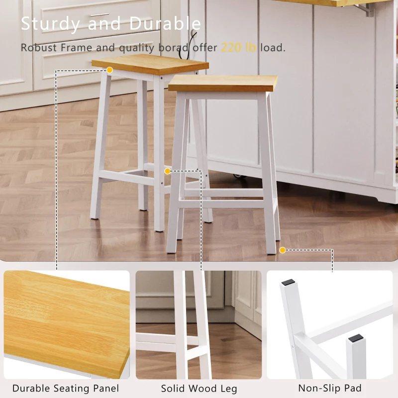 Modern White Kitchen Island Set with 2 Bar Stools, Versatile Kitchen Cart Set with Drop-Leaf Counter, 53" L x 29.5" W x 36.5" H, White