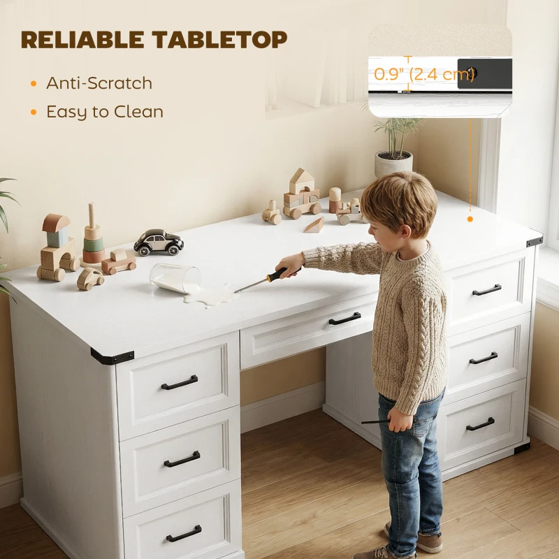 HOMCOM 55" Computer Desk with 7 Drawers, Farmhouse Executive Desk for Home Office, Study, Bedroom, White Wood Grain
