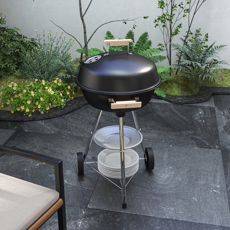 Outsunny Portable Charcoal BBQ Grill, Steel Outdoor Camp Picnic Cooker with Lid, Air Vents, Wheels and Storage Shelf, Black
