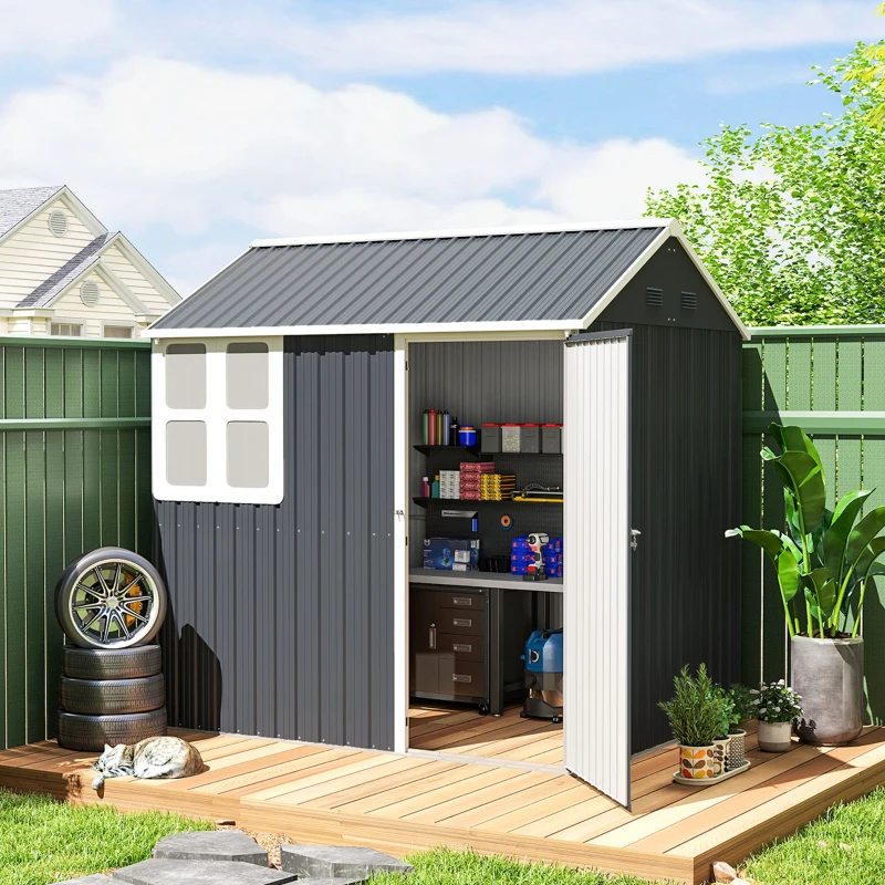 Outsunny 7' x 5.5' Metal Garden Storage Shed, Outdoor Tool Storage House with Lockable Door, Vents, Sloped Roof, Dark Grey