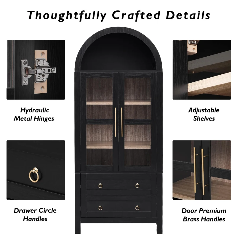 Arched Kitchen Pantry Cabinet with 2 Soft-Close Drawers, Modern Farmhouse Hutch for Living Areas, 30'' L x 15.5'' W x 71'' H, Black