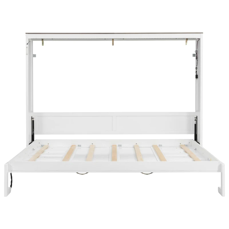 Full Size Murphy Bed with LED Light and Built‑In Desk, Foldable Platform Bed with Smooth Hydraulic Lift, 83" L x 60.5" W x 62" H, Brown+White