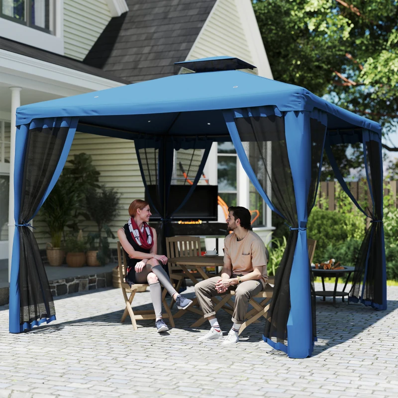 Outsunny 9.6' x 9.6' Patio Gazebo Outdoor Pavilion 2 Tire Roof Canopy Shelter Garden, Steel Frame w/ Mosquito Netting, Dark Blue