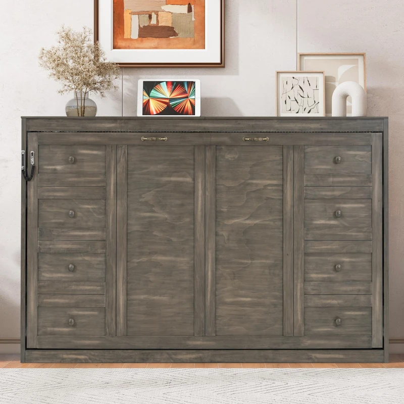 Twin-Size Murphy Bed with LED Light and Foldaway Cabinet, Space-Saving Wall Bed with Desk Conversion, 83" L x 45.5" W x 47" H, Brown