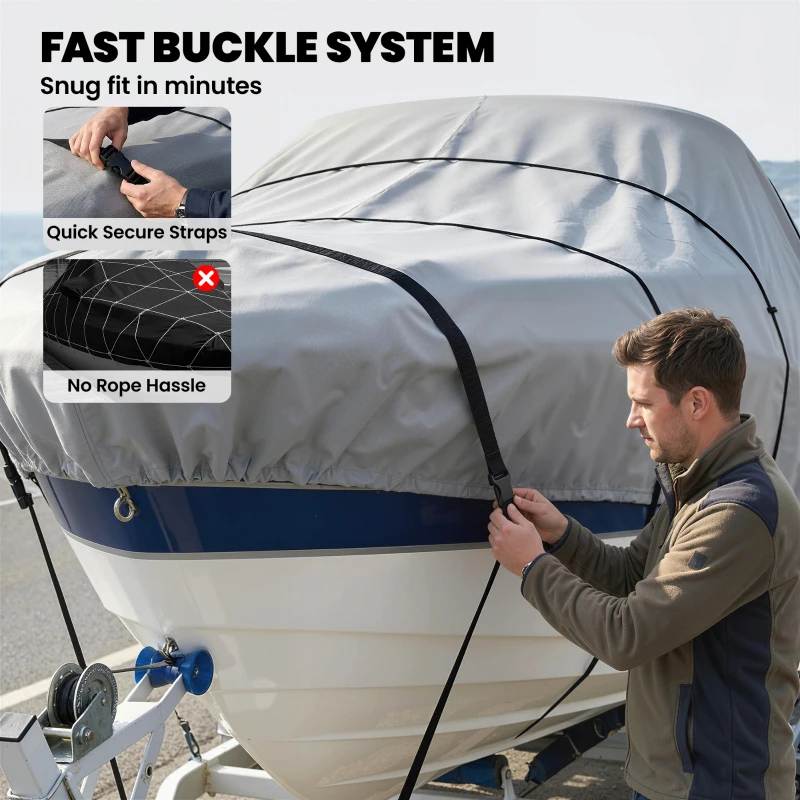 Outsunny 22-24 Ft Trailer Boat Cover, 3000mm Waterproof Universal Boat Cover with Quick-Fasten Buckles, Light Grey