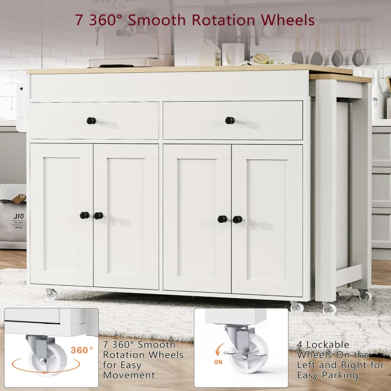 Space-Saving Kitchen Cart with Extendable Dining Table, Rolling Kitchen Island with Ample Storage, 74.5'' L x 19.5'' W x 36'' H, Off White