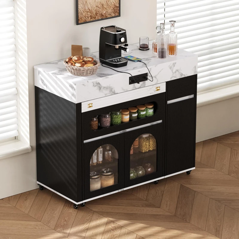 Extendable Rolling Kitchen Island with Folding Top, Versatile Kitchen Cart with Windows, 74" L x 43.5" W x 37.5" H, Black+White Marble