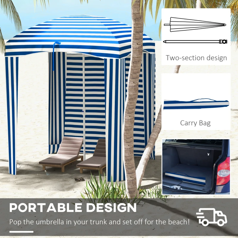 Outsunny 70.1" L x 70.1" W Cabana Umbrella with Walls, Vents, Ruffles, Carry Bag, Beach Umbrella, Blue White Stripe