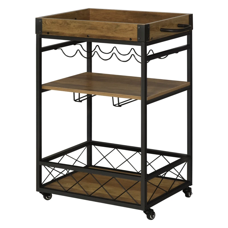 HOMCOM Retro Industrial Bar Serving Cart Rolling Kitchen Island Storage Utility Trolley with 5-bottle Wine Rack & Serving Tray