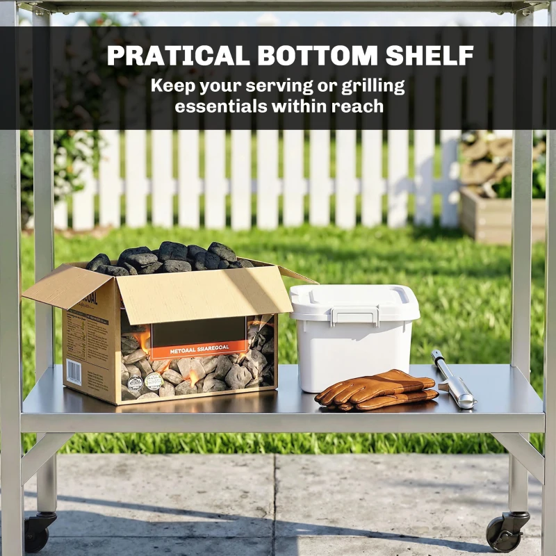 Outsunny Outdoor Grill Cart with Stainless Steel Tabletop, Pizza Oven Stand with Shelf, Lockable Wheels, Rolling BBQ Table