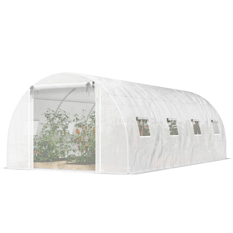Outsunny Walk-in Tunnel Greenhouse with 2 Support Rods, Mesh Door, Plant Hot House with PE Cover, 20'x10'x7', White