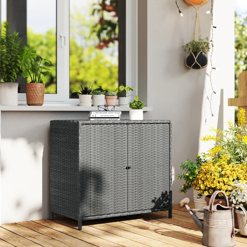 Outsunny Wicker Outdoor Storage Cabinet Double Magnetic Doors, PE Rattan Outdoor Towel Rack for Pool, Patio, Dark Grey