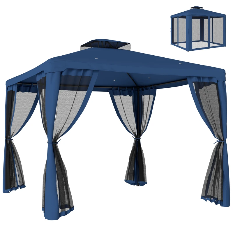 Outsunny 9.6' x 9.6' Patio Gazebo Outdoor Pavilion 2 Tire Roof Canopy Shelter Garden, Steel Frame w/ Mosquito Netting, Dark Blue