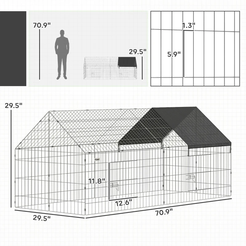 PawHut Metal Chicken Coop with Cover for Backyard Small Animals Duck Rabbit, 71" x 29.5" x 29.5", Black