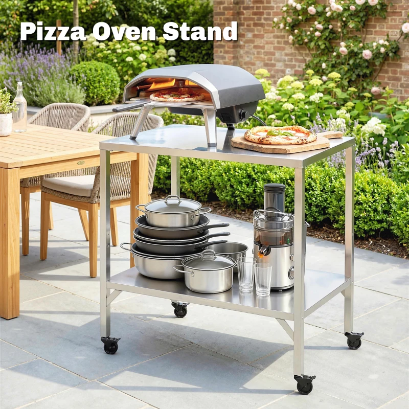 Outsunny Outdoor Grill Cart with Stainless Steel Tabletop, Pizza Oven Stand with Shelf, Lockable Wheels, Rolling BBQ Table