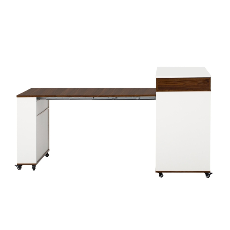 Extendable Rolling Kitchen Island with Folding Top, Versatile Kitchen Cart with Windows, 74" L x 43.5" W x 37.5" H, Creamy White+Walnut