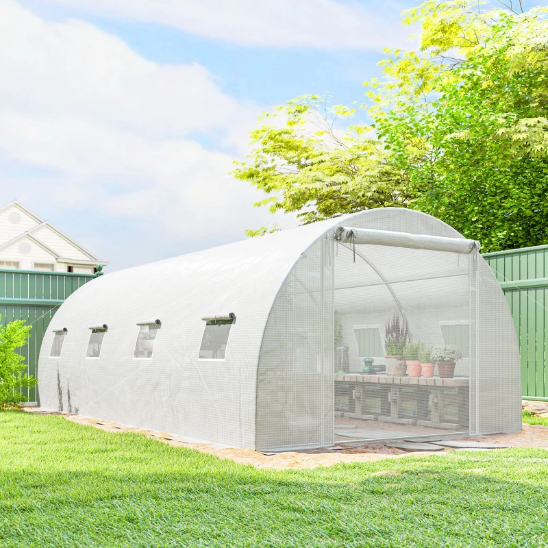Outsunny Walk-in Tunnel Greenhouse with 2 Support Rods, Mesh Door, Plant Hot House with PE Cover, 20'x10'x7', White