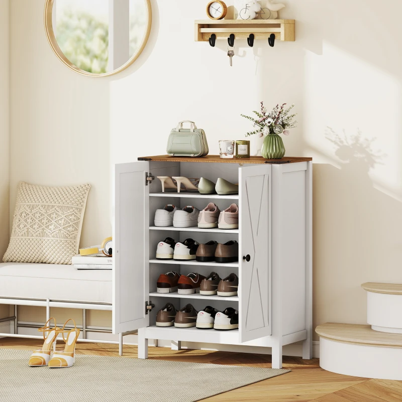 HOMCOM Shoe Cabinet with Barn Doors, Farmhouse Shoe Storage Cabinet with Adjustable Shelves, Holds up to 15 Pairs, White