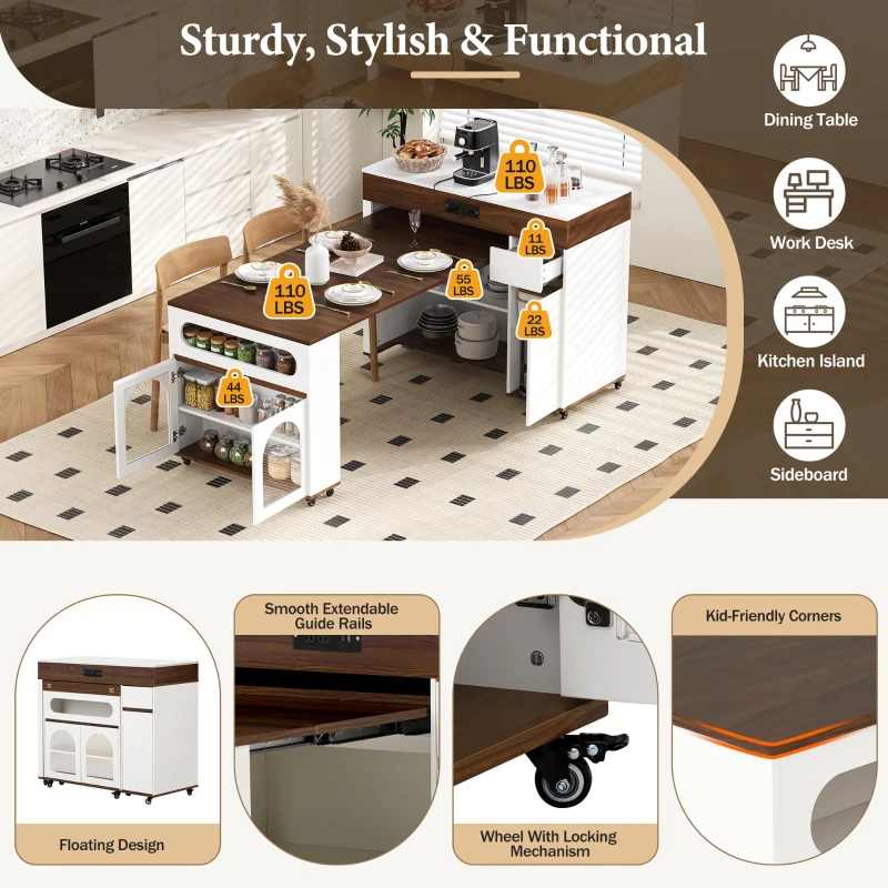 Extendable Rolling Kitchen Island with Folding Top, Versatile Kitchen Cart with Windows, 74" L x 43.5" W x 37.5" H, Creamy White+Walnut