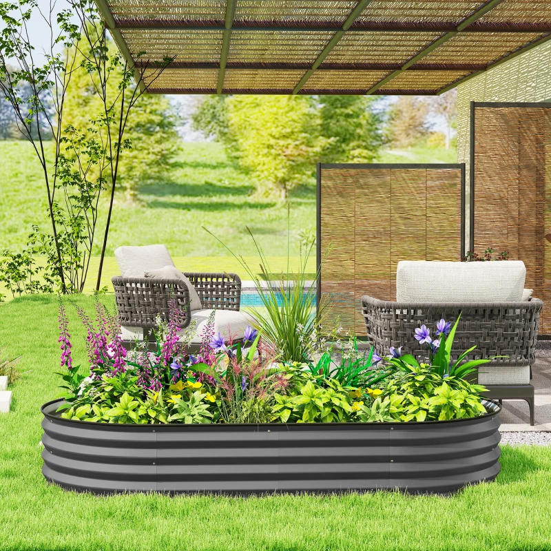 Outsunny 6' x 3' x 1' Large Outdoor Planter Box, Galvanized Raised Garden Bed with Metal Plant Stake, Dark Grey