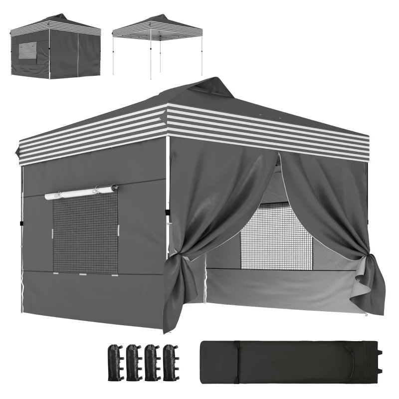 Outsunny 10 x 10 ft Pop Up Canopy Tent with 4 Sidewalls, UPF 50+ 1-Button Push Outdoor Instant Canopy with Wheeled Bag, Dark Grey