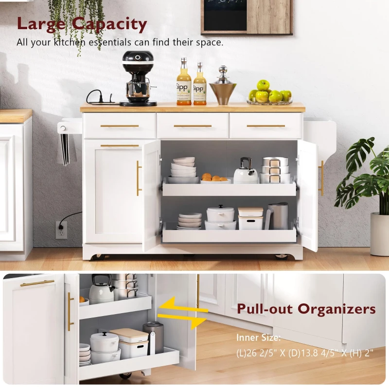 Rolling Kitchen Island with Drop-Leaf Rubberwood Top, Versatile Storage Cart for Contemporary Homes, 59.5'' L x 29.5'' W x 35.5'' H, White