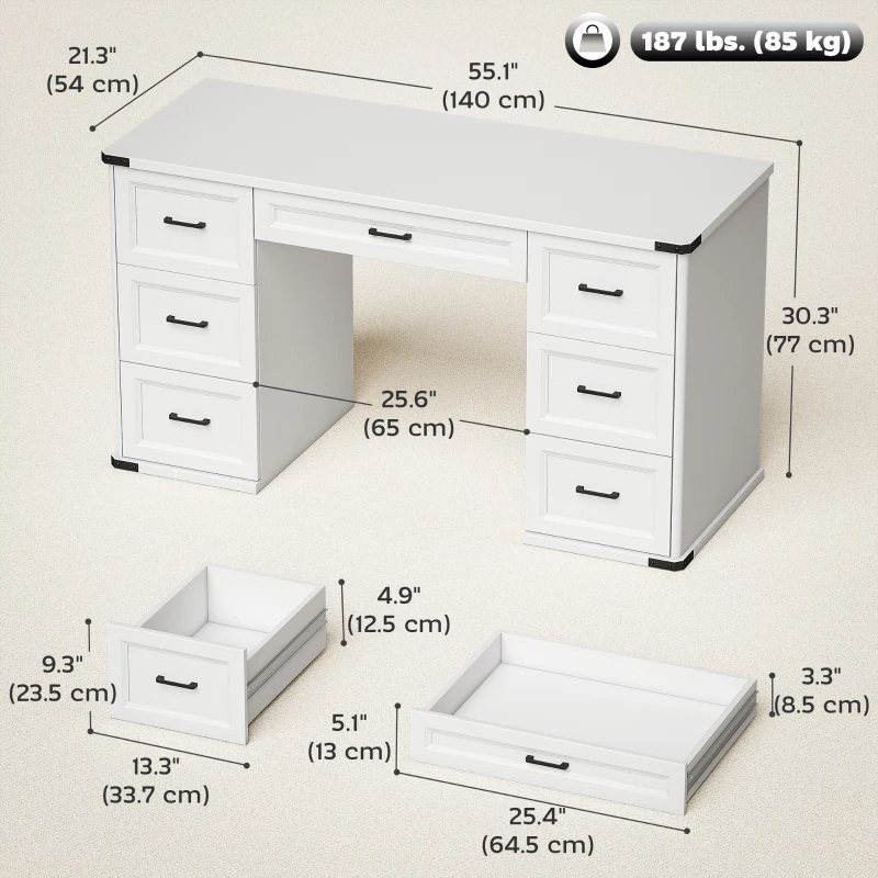 HOMCOM 55" Computer Desk with 7 Drawers, Farmhouse Executive Desk for Home Office, Study, Bedroom, White Wood Grain