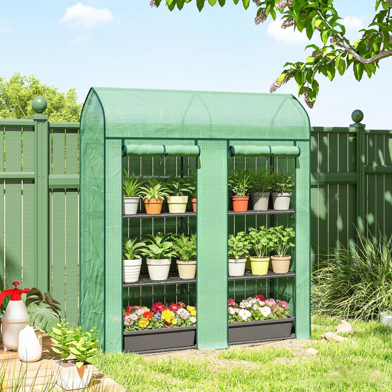 Outsunny 3 Tier Mini Greenhouse, Small Portable Greenhouse with 2 Roll-up Doors, 56.3" x 18.1" x 65", Green
