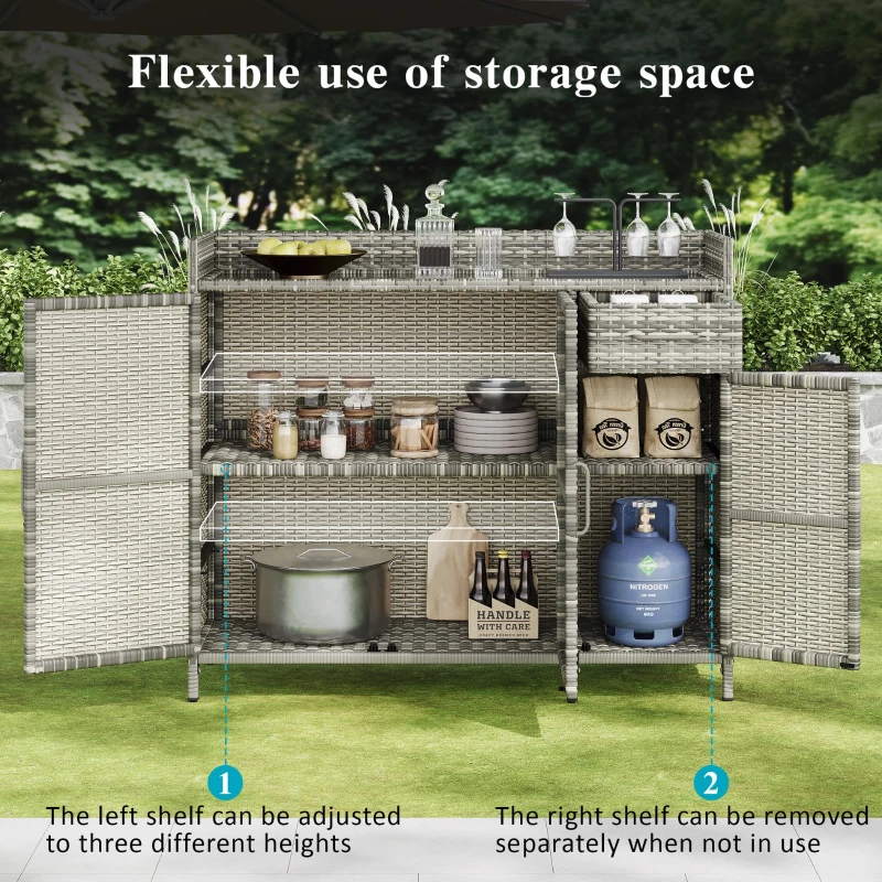 Wicker Outdoor Storage Cabinet with 3 Doors and a Drawer, Weatherproof Bar Table for Patio or Garden, 47.5'' L x 16'' W x 39.5'' H, Grey