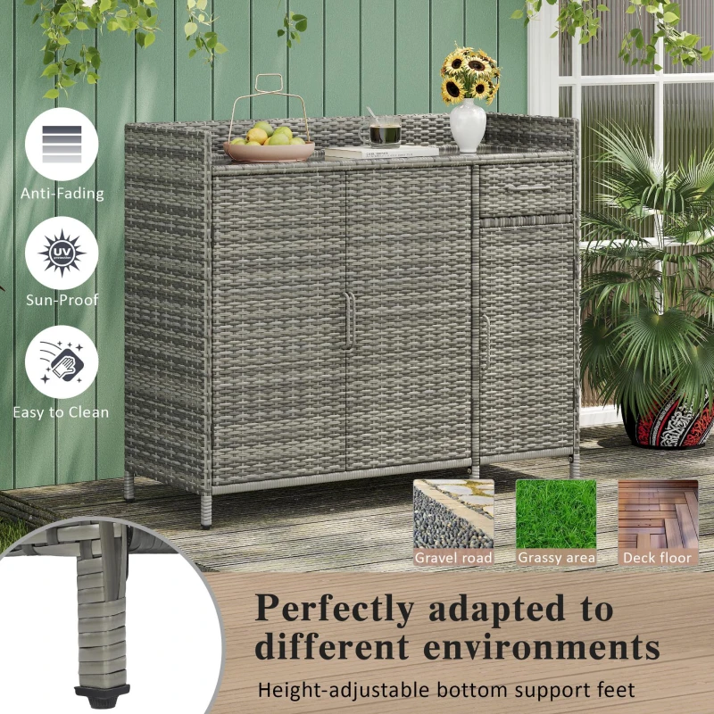 Wicker Outdoor Storage Cabinet with 3 Doors and a Drawer, Weatherproof Bar Table for Patio or Garden, 47.5'' L x 16'' W x 39.5'' H, Grey