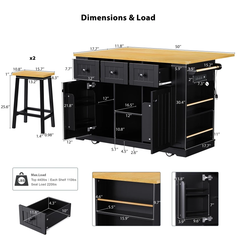 Modern Black Kitchen Island Set with 2 Bar Stools, Versatile Kitchen Cart Set with Drop-Leaf Counter, 53" L x 29.5" W x 36.5" H, Black