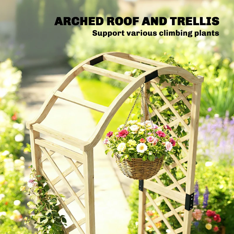 Outsunny Wooden Garden Arch with 2 Planter Boxes, Arch Trellis for Climbing Plants, Decorative Arbor Archway, Natural Wood