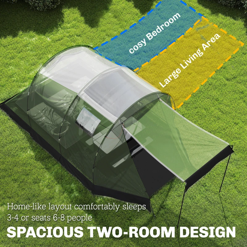 Outsunny Camping Tent Waterproof Camping Tent with Two Room for 3-4 Person Waterproof, Green