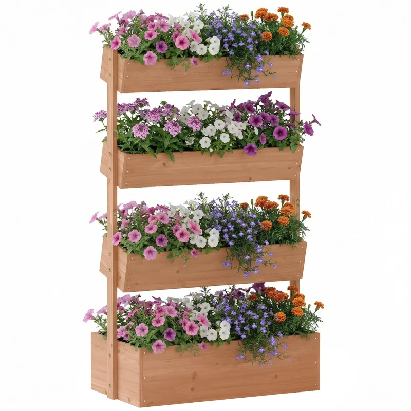 Outsunny 4-Tier Raised Garden Bed, 33.5" x 18" x 55" Vertical Wooden Outdoor Planter Box with Drainage Holes and Fabric Liner
