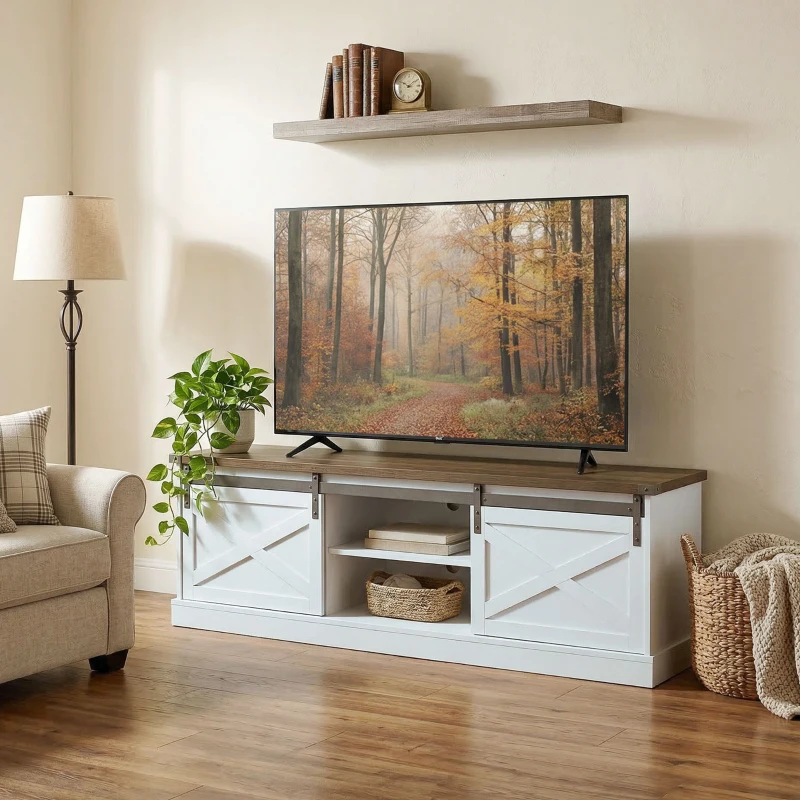 HOMCOM TV Stand for TVs up to 65 Inch, Entertainment Center with Shelves, Cabinets, Sliding Barn Doors, Thick Top, White