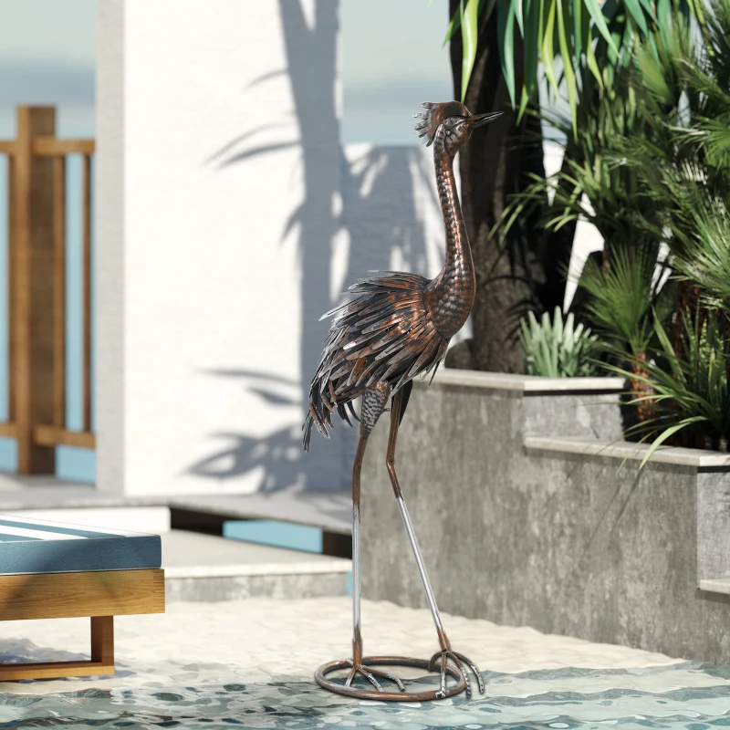 Outsunny Garden Statue Heron Standing Lawn Sculpture Statue Ornament with Stakes for Lawn 12.2"W x 7.1"D x 28"H Silver Tone